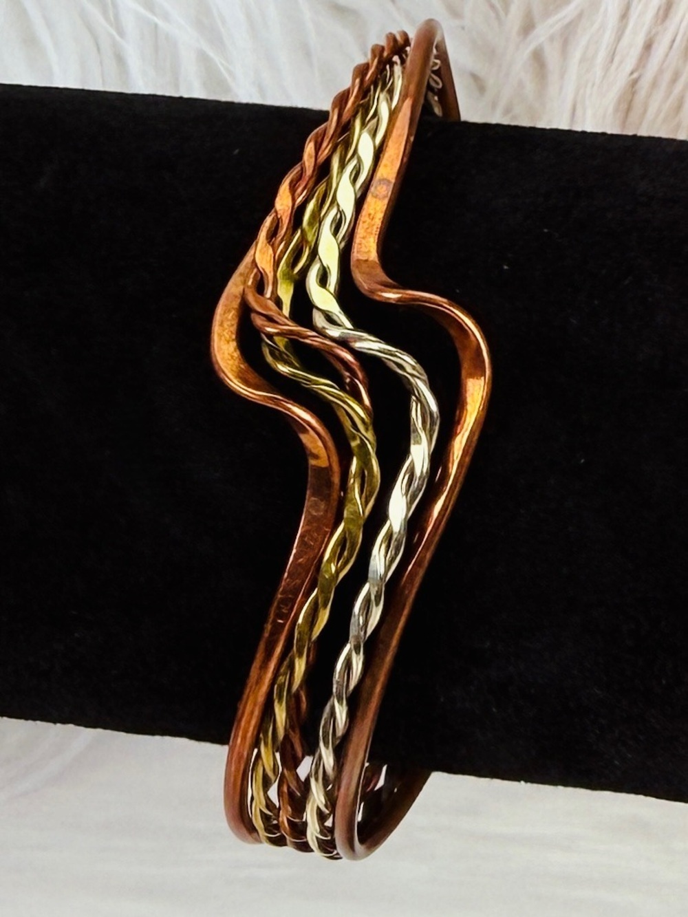 Vintage Mixed Metal Wave Cuff Bracelet Copper Gold Silver Tone Open Bangle